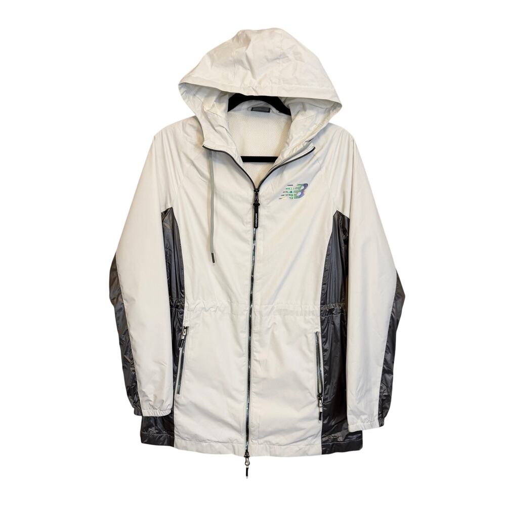 New Balance Windbreaker Jacket Small White Gray Hooded Running Athletic Sporty